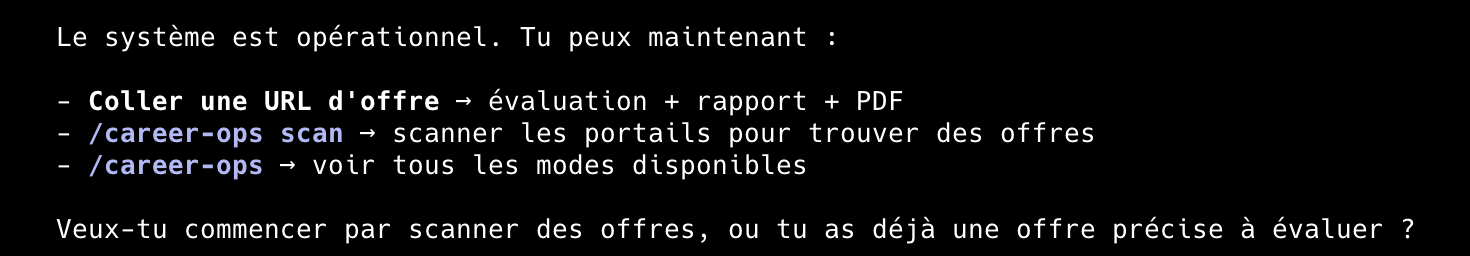 career-ops : système opérationnel, liste des commandes disponibles