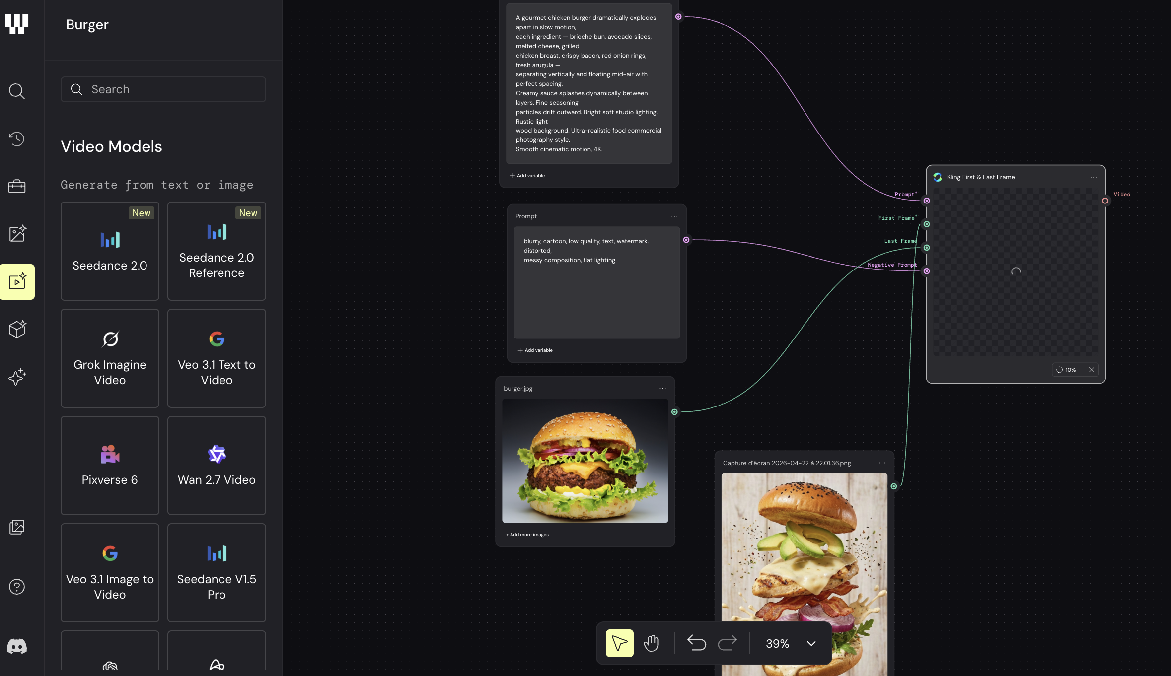 Interface Weavy AI : pipeline workflow IA de génération vidéo