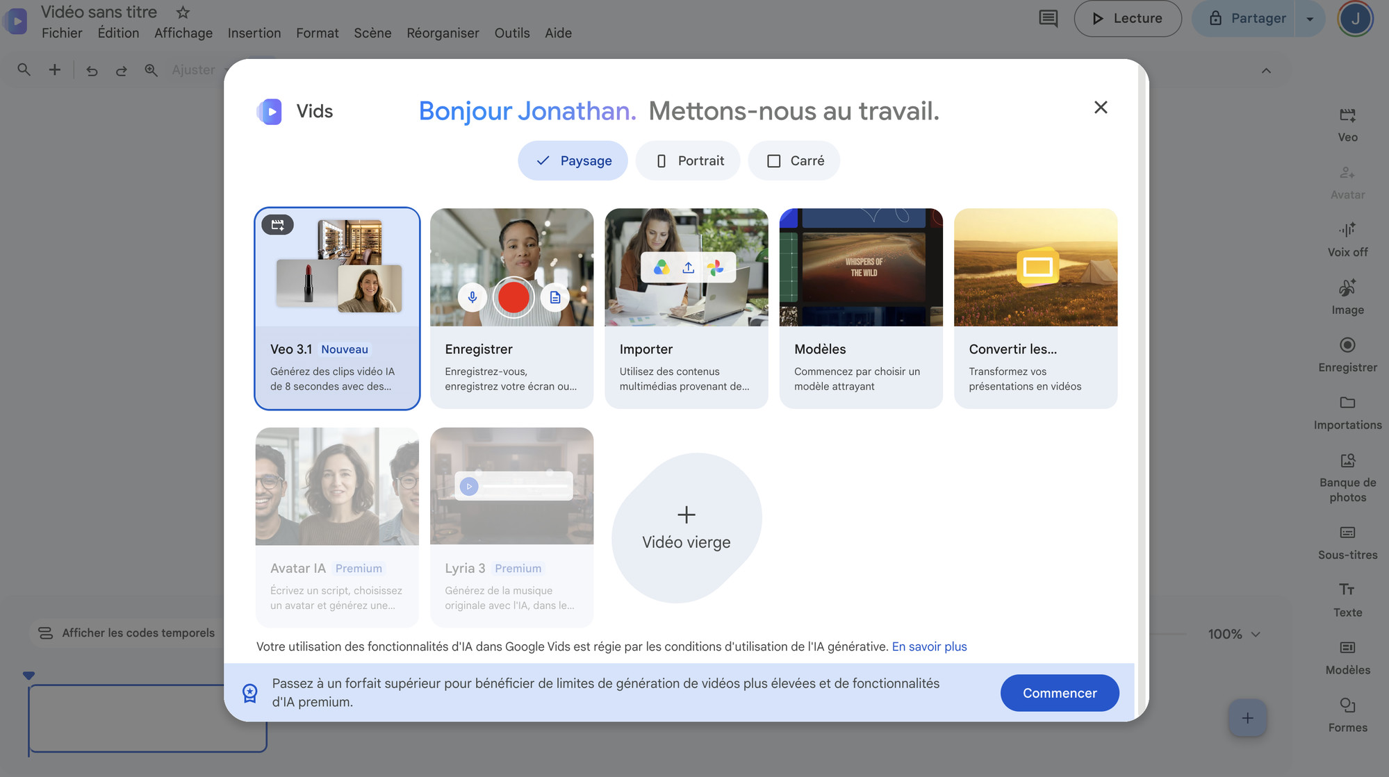 Écran d'accueil Google Vids avec les options Veo 3.1, Enregistrer, Importer et Modèles
