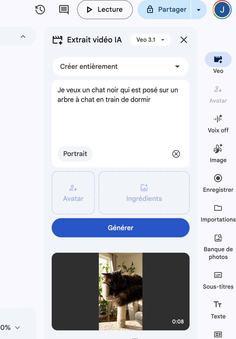 Barre d'outils latérale de Google Vids : Veo, Avatar, Voix off, Image, Enregistrer, Importations, Banque de photos, Sous-titres, Texte, Modèles, Formes