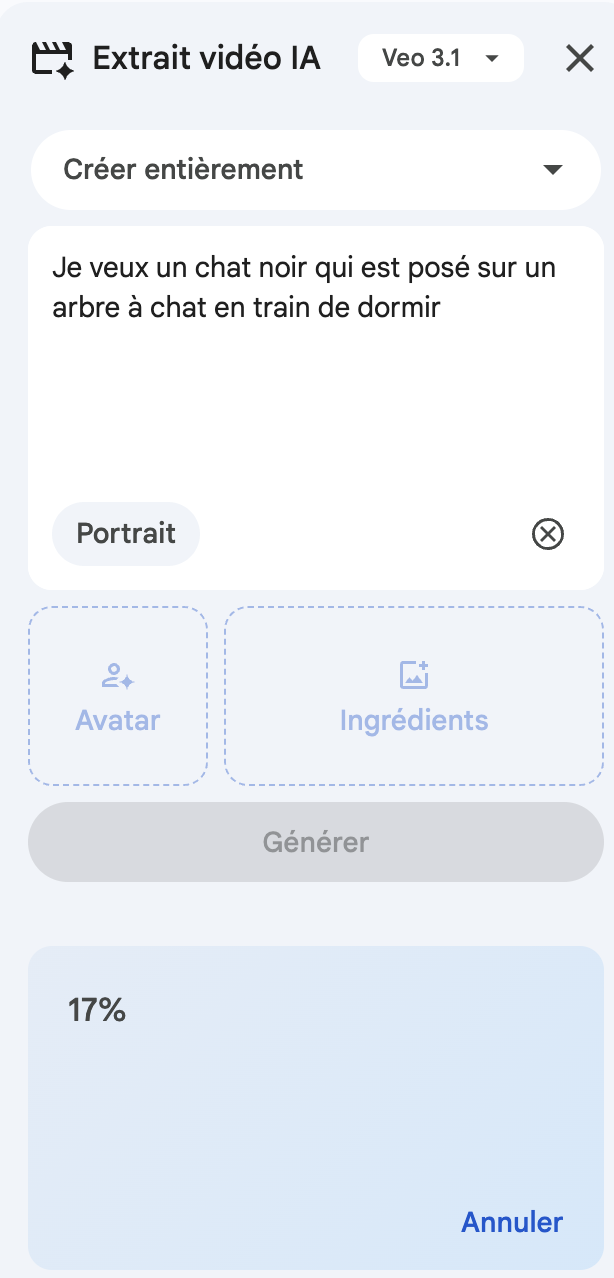 Panneau de génération vidéo IA Veo 3.1 dans Google Vids avec champ de prompt et options Portrait