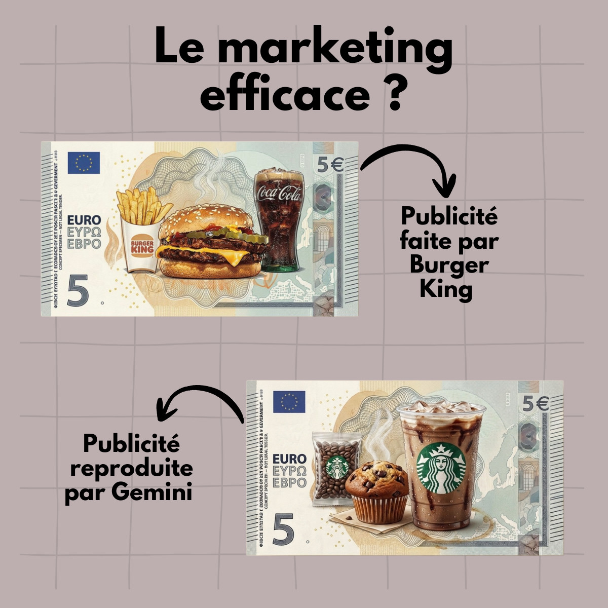 Comparaison marketing visuel : billet de 5€ Burger King original et recréation Starbucks générée avec Gemini